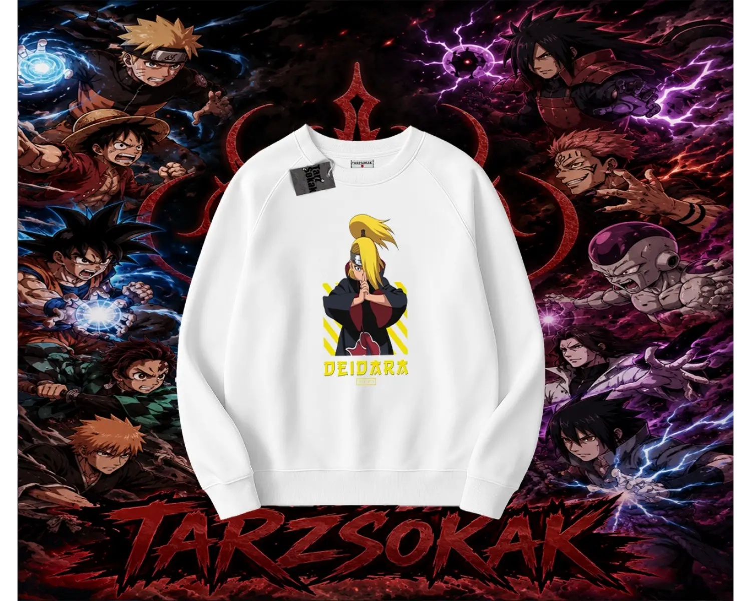 Deidara Naruto Anime Karakteri Oversize Unisex Bisiklet Yaka Sweatshirt Beyaz