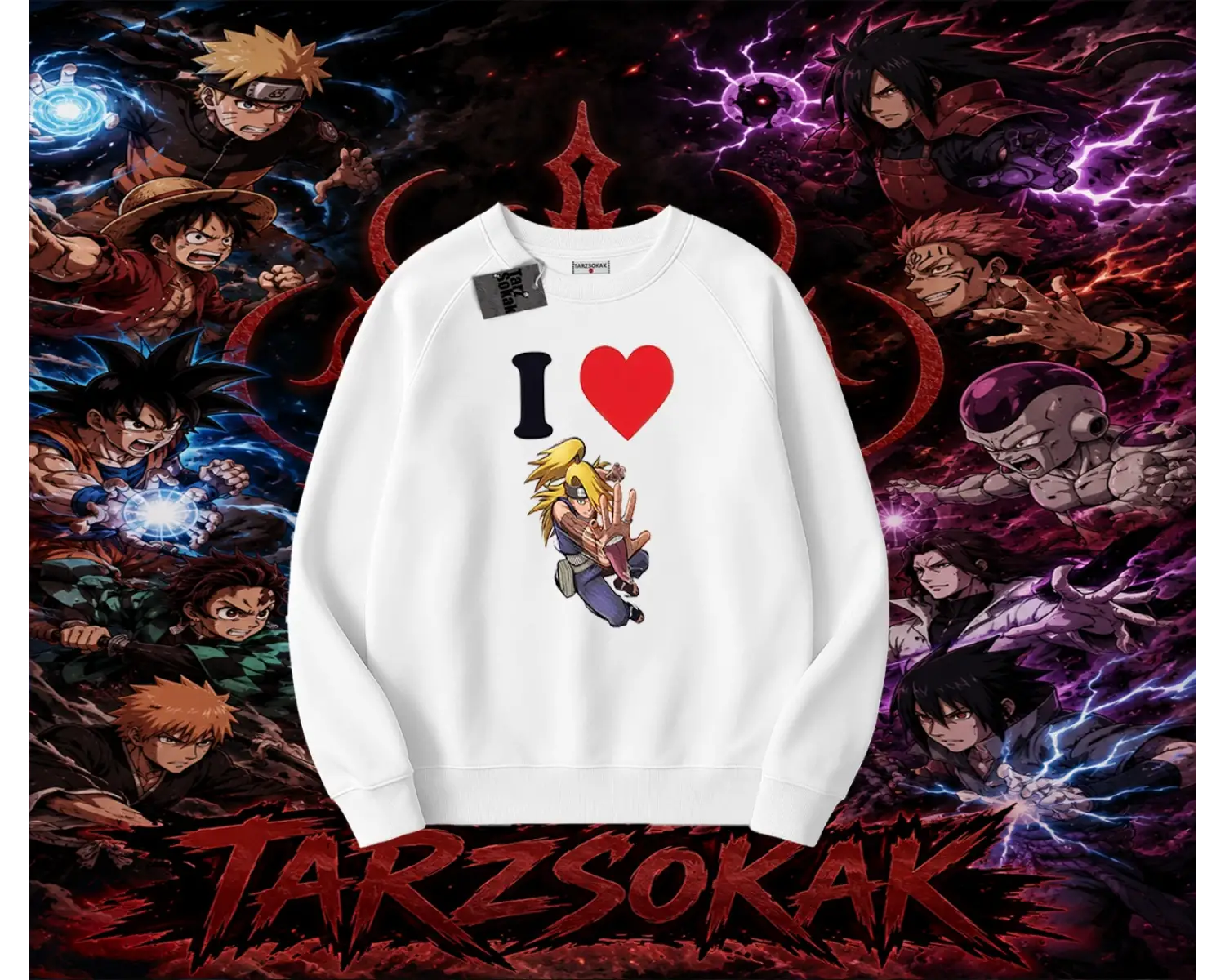 Deidara Naruto Anime Karakteri Oversize Unisex Bisiklet Yaka Sweatshirt Beyaz