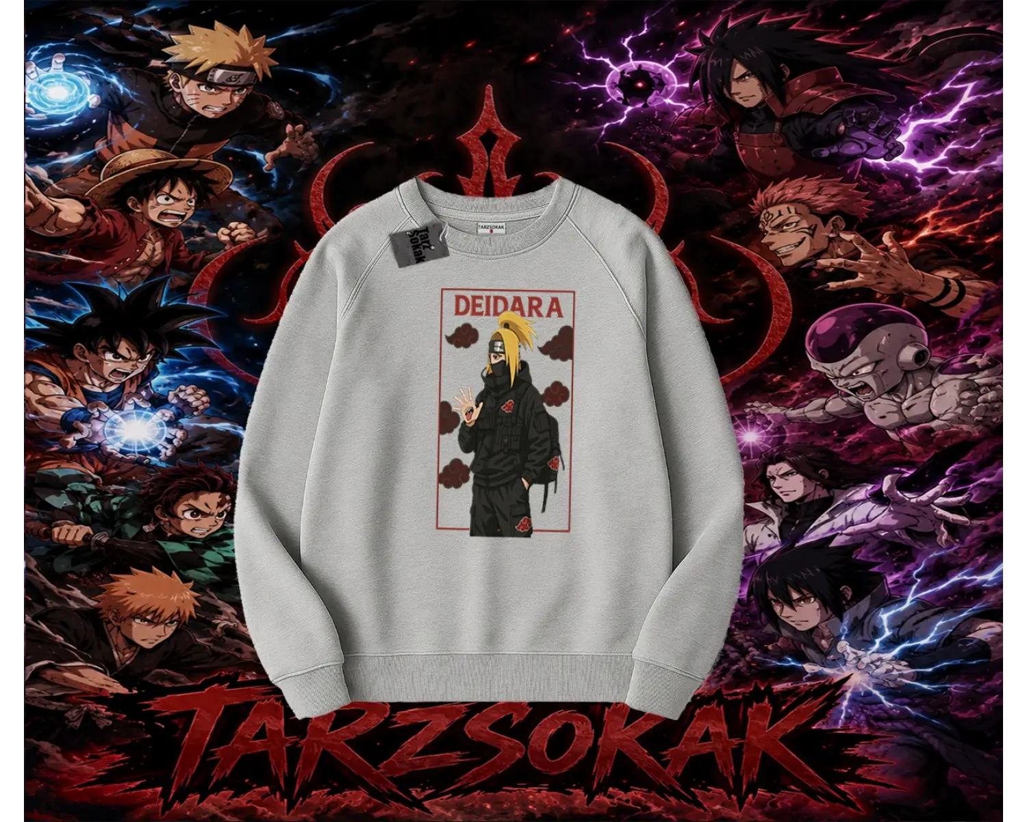 Deidara Naruto Anime Karakteri Oversize Unisex Bisiklet Yaka Sweatshirt Beyaz