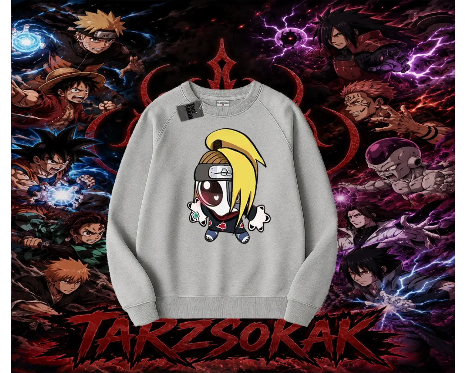 Deidara Naruto Anime Karakteri Oversize Unisex Bisiklet Yaka Sweatshirt Beyaz