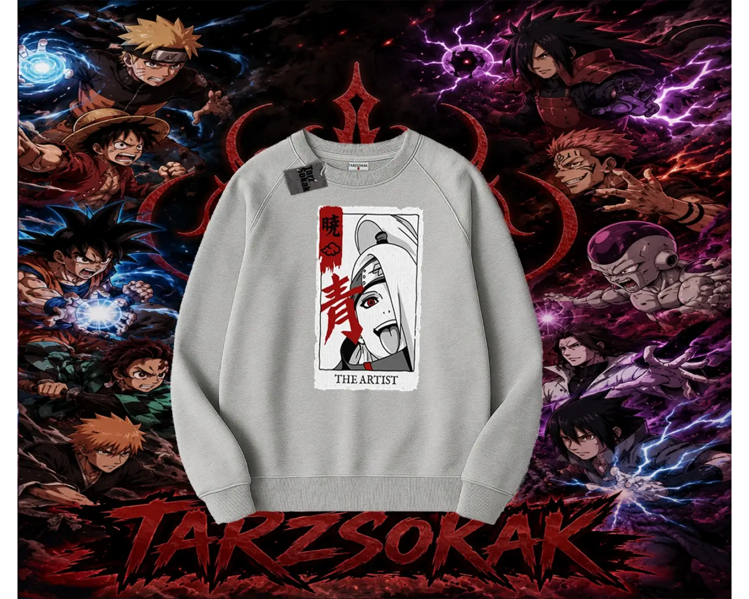 Deidara Naruto Anime Karakteri Oversize Unisex Bisiklet Yaka Sweatshirt Beyaz