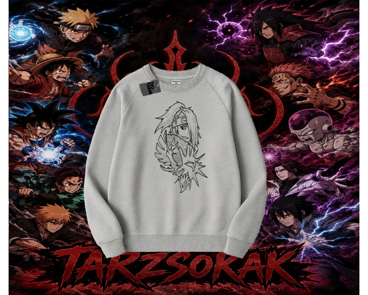 Deidara Naruto Anime Karakteri Oversize Unisex Bisiklet Yaka Sweatshirt Beyaz