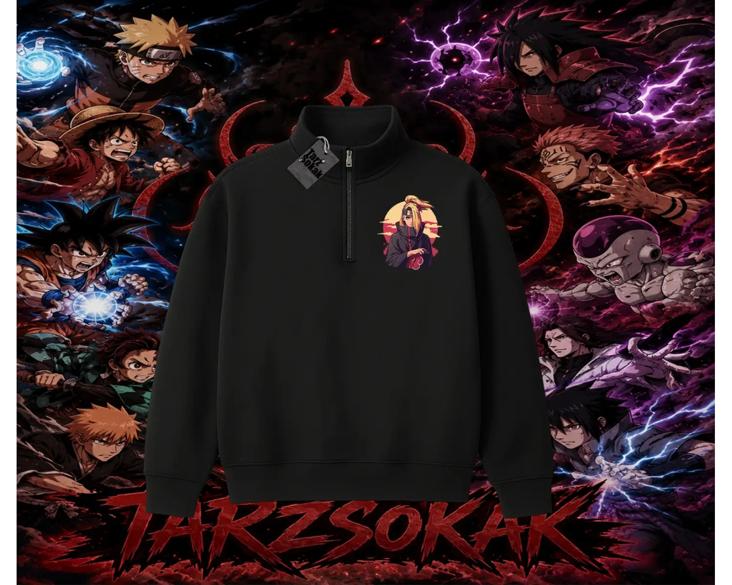 Deidara Naruto Anime Karakteri Unisex Polo Yaka Yarım Fermuarlı Sweatshirt Beyaz