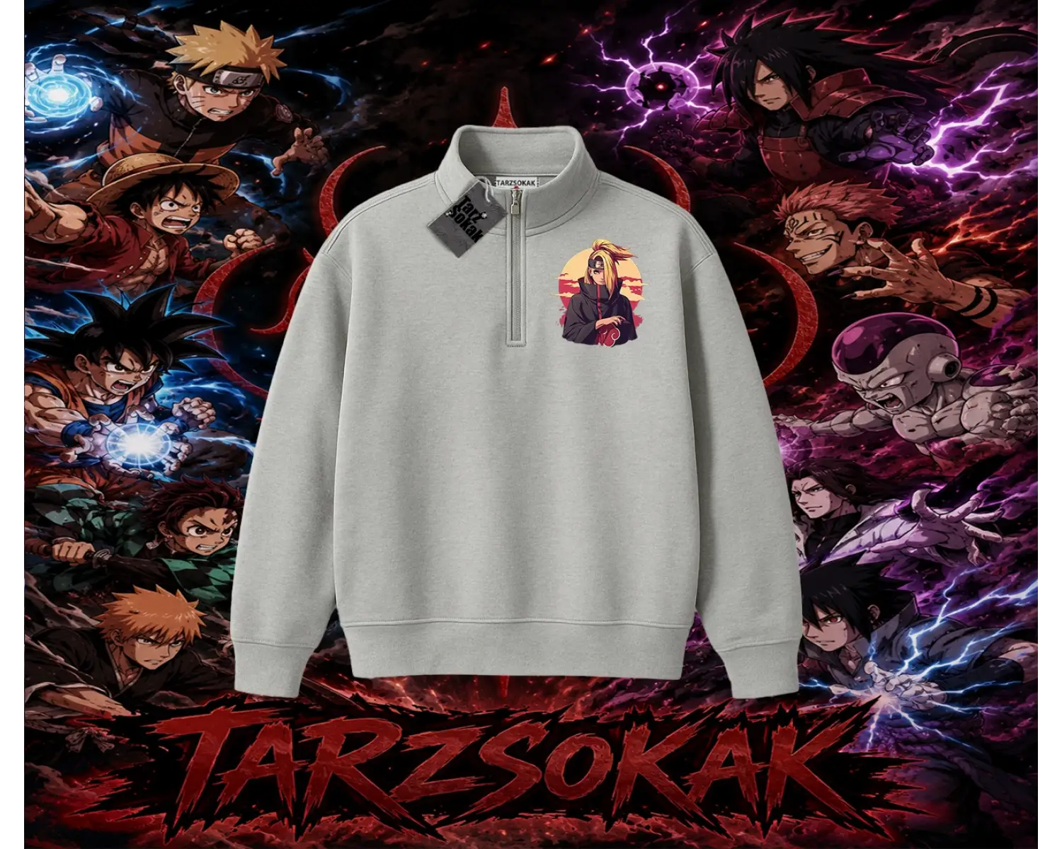 Deidara Naruto Anime Karakteri Unisex Polo Yaka Yarım Fermuarlı Sweatshirt Beyaz