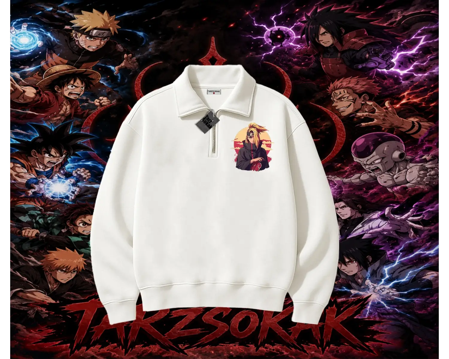 Deidara Naruto Anime Karakteri Unisex Polo Yaka Yarım Fermuarlı Sweatshirt Beyaz