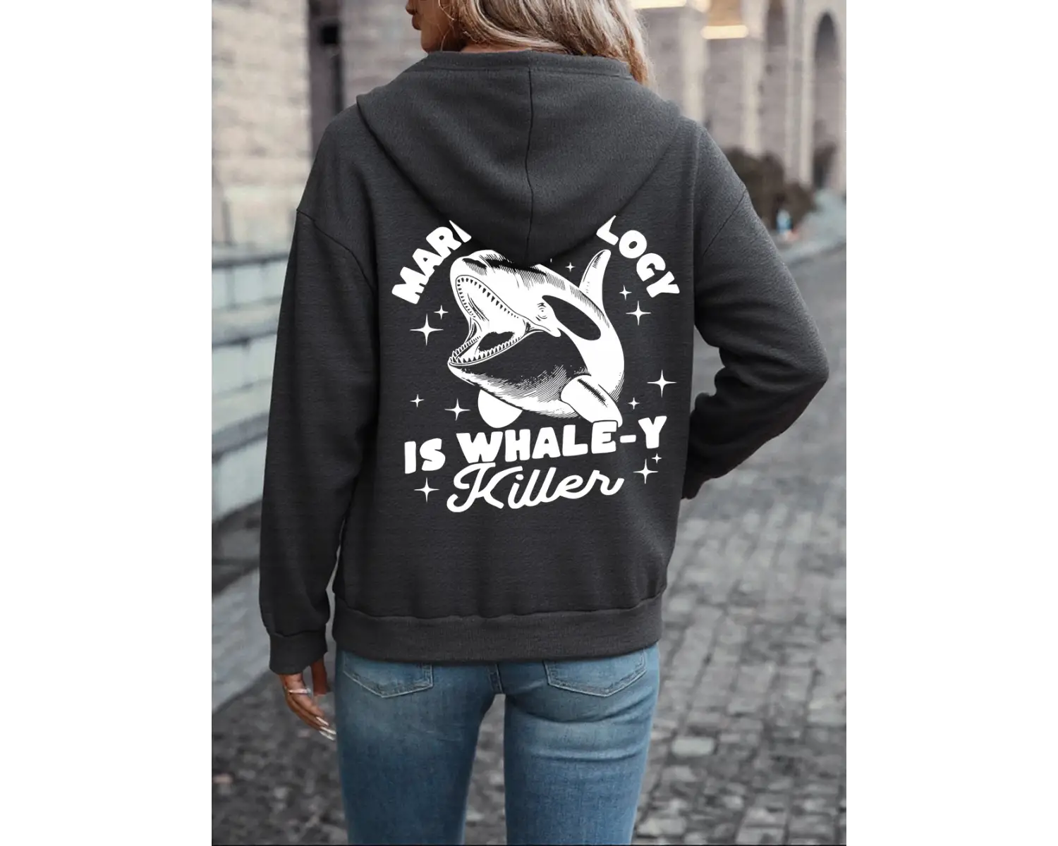 Deniz Biyolojisi Balina Katili Baskılı Kapüşonlu Üstler Kadın Temel Gevşek Sweatshirtler Kışl