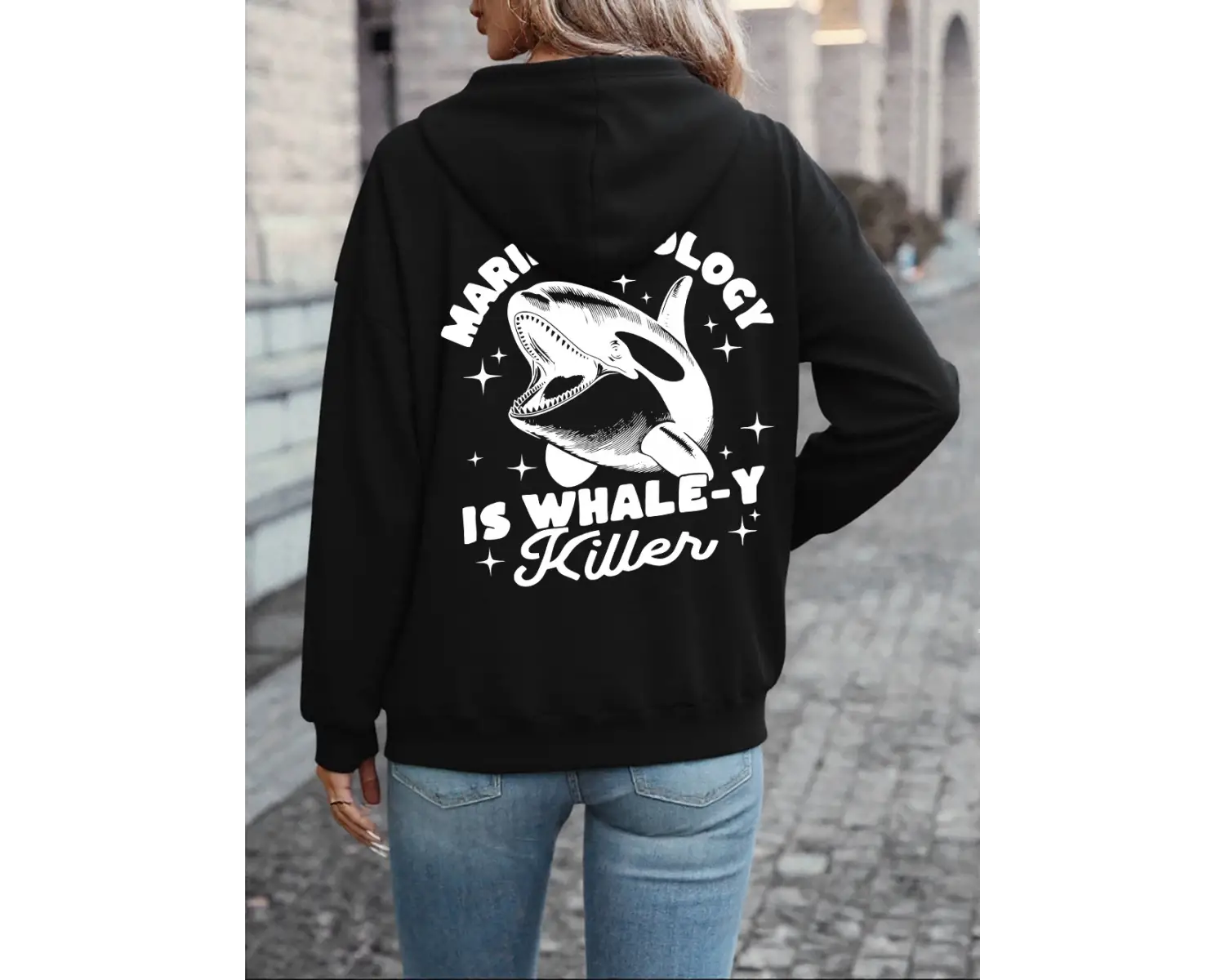 Deniz Biyolojisi Balina Katili Baskılı Kapüşonlu Üstler Kadın Temel Gevşek Sweatshirtler Kışl