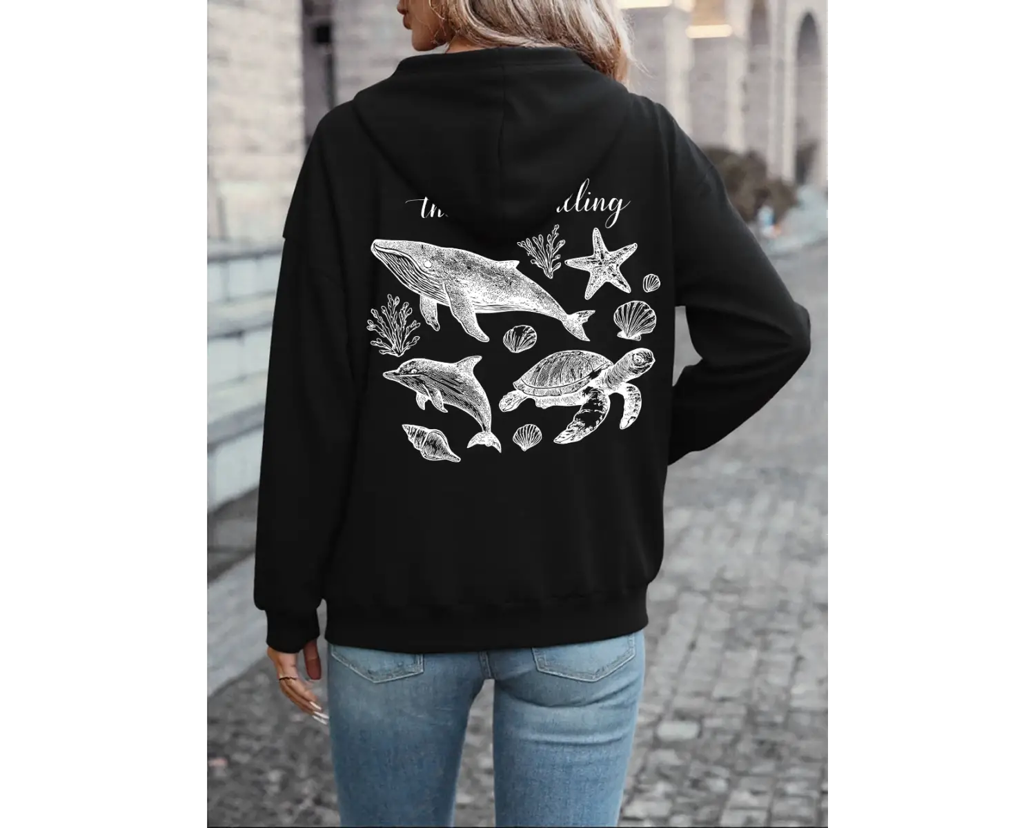 Deniz Çağırıyor Balina Baskılı Kapüşonlu Üstler Kadın Kışlık Polar Sıcak Tişörtü Günlük Cepli