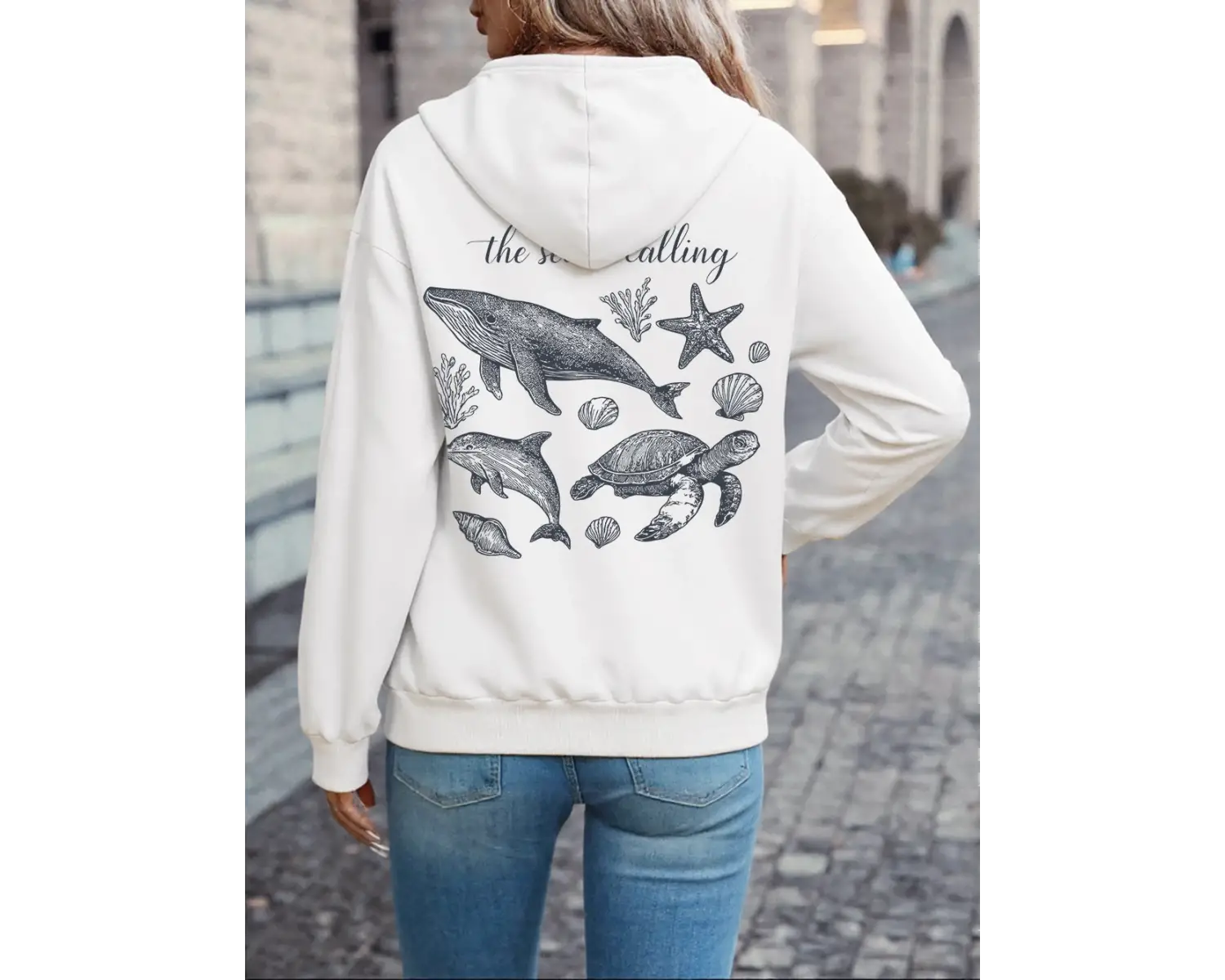 Deniz Çağırıyor Balina Baskılı Kapüşonlu Üstler Kadın Kışlık Polar Sıcak Tişörtü Günlük Cepli