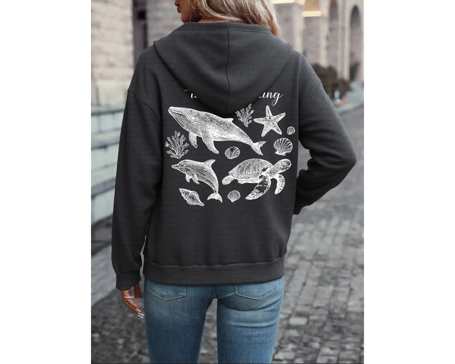 Deniz Çağırıyor Balina Baskılı Kapüşonlu Üstler Kadın Kışlık Polar Sıcak Tişörtü Günlük Cepli