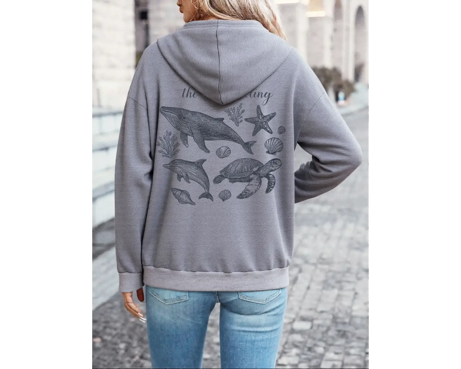 Deniz Çağırıyor Balina Baskılı Kapüşonlu Üstler Kadın Kışlık Polar Sıcak Tişörtü Günlük Cepli