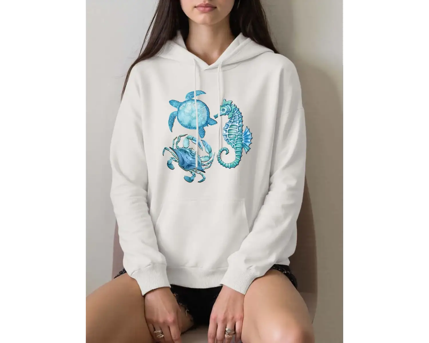 Deniz Kaplumbağası Denizatı Baskılar Hoodies Kadınlar Rahat Gevşek Tişörtü Kış Polar Sıcak Ka