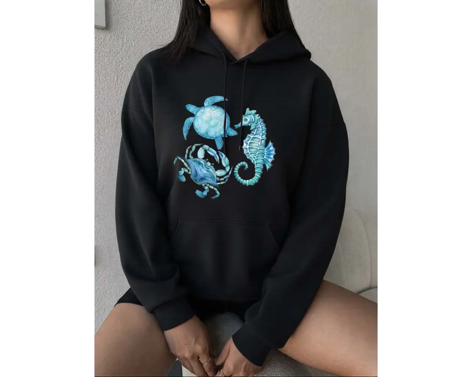 Deniz Kaplumbağası Denizatı Baskılar Hoodies Kadınlar Rahat Gevşek Tişörtü Kış Polar Sıcak Ka