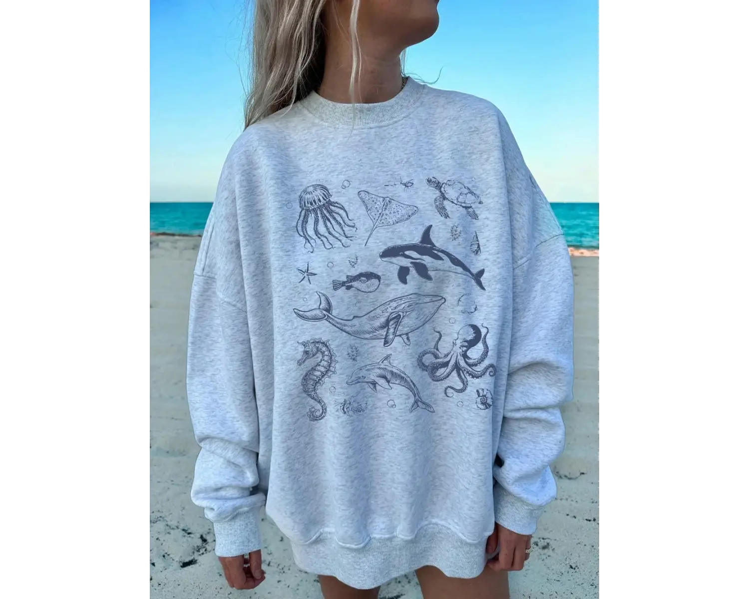 Deniz Yaşamı Balina ve Köpekbalığı Baskılar Kazak Kadın Kış Polar Sıcak Hoodie O-Boyun Gevşek