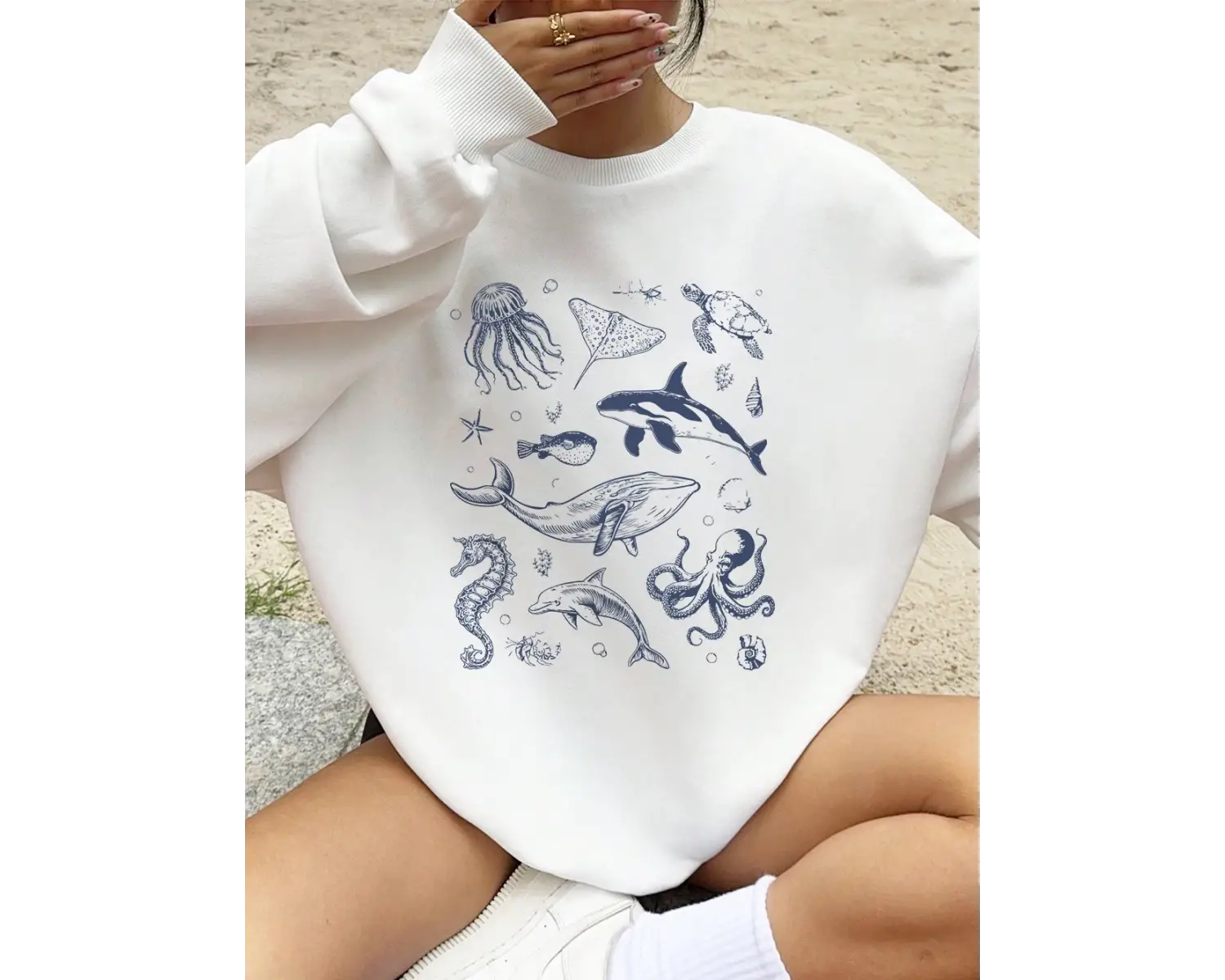 Deniz Yaşamı Balina ve Köpekbalığı Baskılar Kazak Kadın Kış Polar Sıcak Hoodie O-Boyun Gevşek