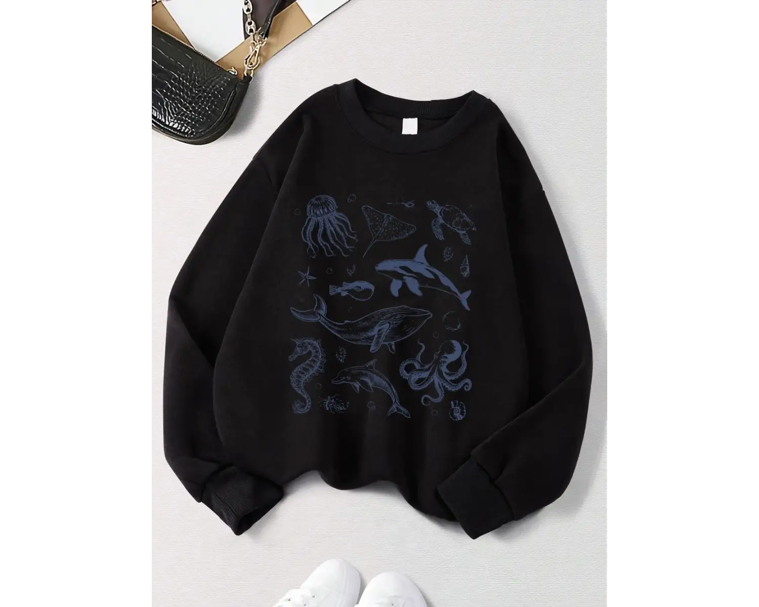 Deniz Yaşamı Balina ve Köpekbalığı Baskılar Kazak Kadın Kış Polar Sıcak Hoodie O-Boyun Gevşek