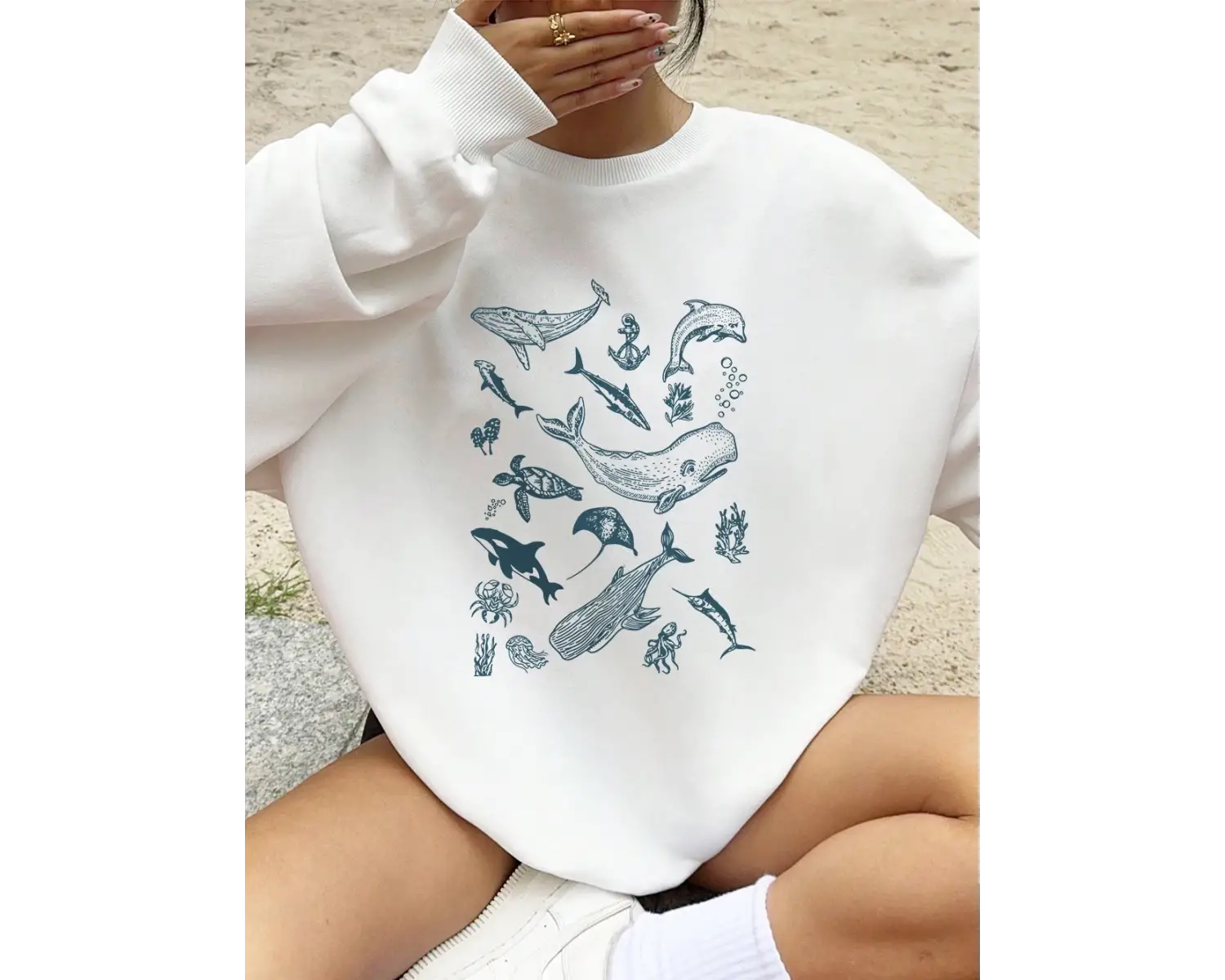 Deniz Yaşamı Balina ve Köpekbalığı Baskılar Tişörtü Kadın Bisiklet Yaka Tüm Maç Kapşonlu Gevş