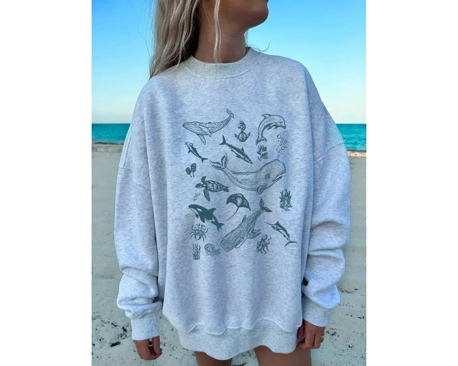 Deniz Yaşamı Balina ve Köpekbalığı Baskılar Tişörtü Kadın Bisiklet Yaka Tüm Maç Kapşonlu Gevş
