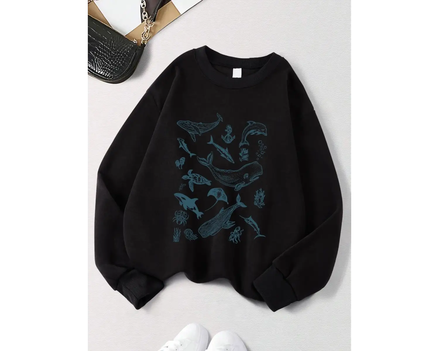 Deniz Yaşamı Balina ve Köpekbalığı Baskılar Tişörtü Kadın Bisiklet Yaka Tüm Maç Kapşonlu Gevş