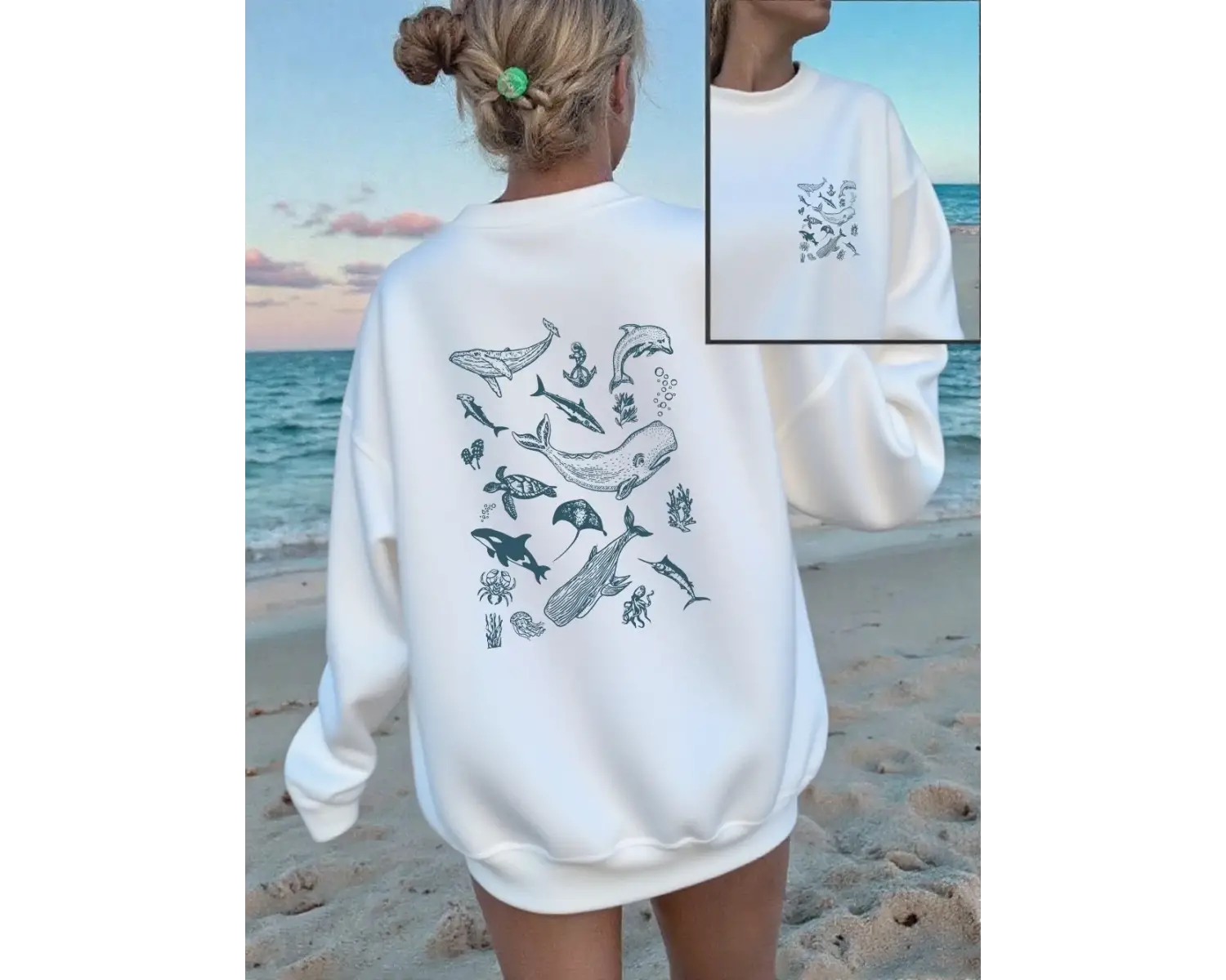 Deniz Yaşamı Balina ve Köpekbalığı Baskılı Tişörtler Kadın Bisiklet Yaka Günlük Kapüşonlu Üst