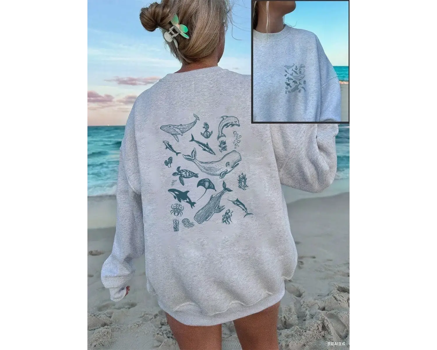 Deniz Yaşamı Balina ve Köpekbalığı Baskılı Tişörtler Kadın Bisiklet Yaka Günlük Kapüşonlu Üst