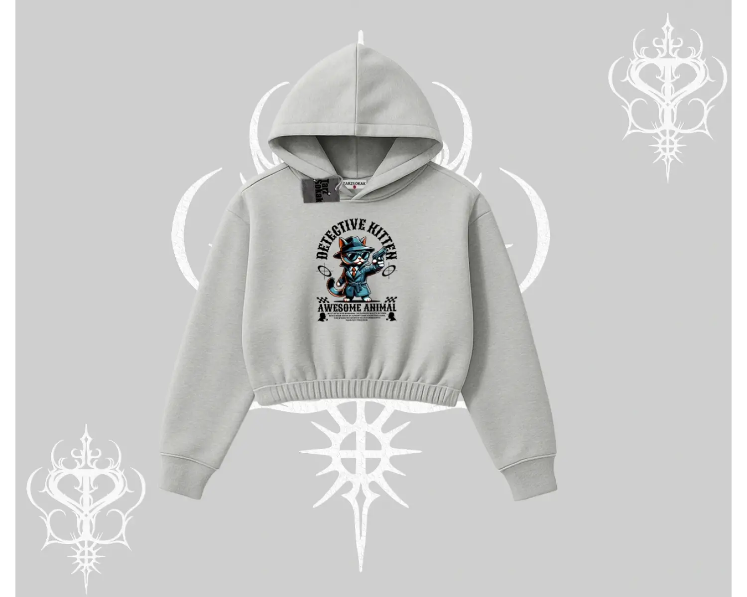 Detective Kitten Kedi Baskılı Kapşonlu Crop Sweatshirt