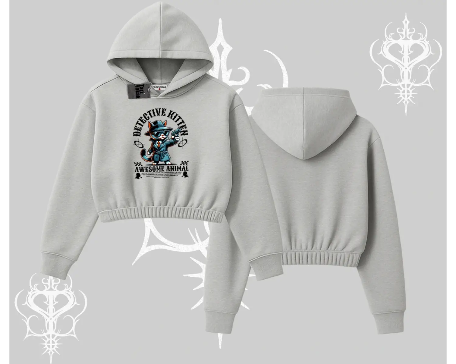 Detective Kitten Kedi Baskılı Kapşonlu Crop Sweatshirt