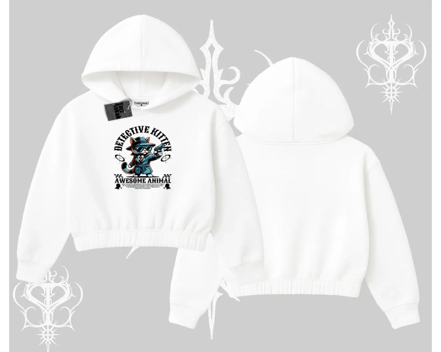 Detective Kitten Kedi Baskılı Kapşonlu Crop Sweatshirt