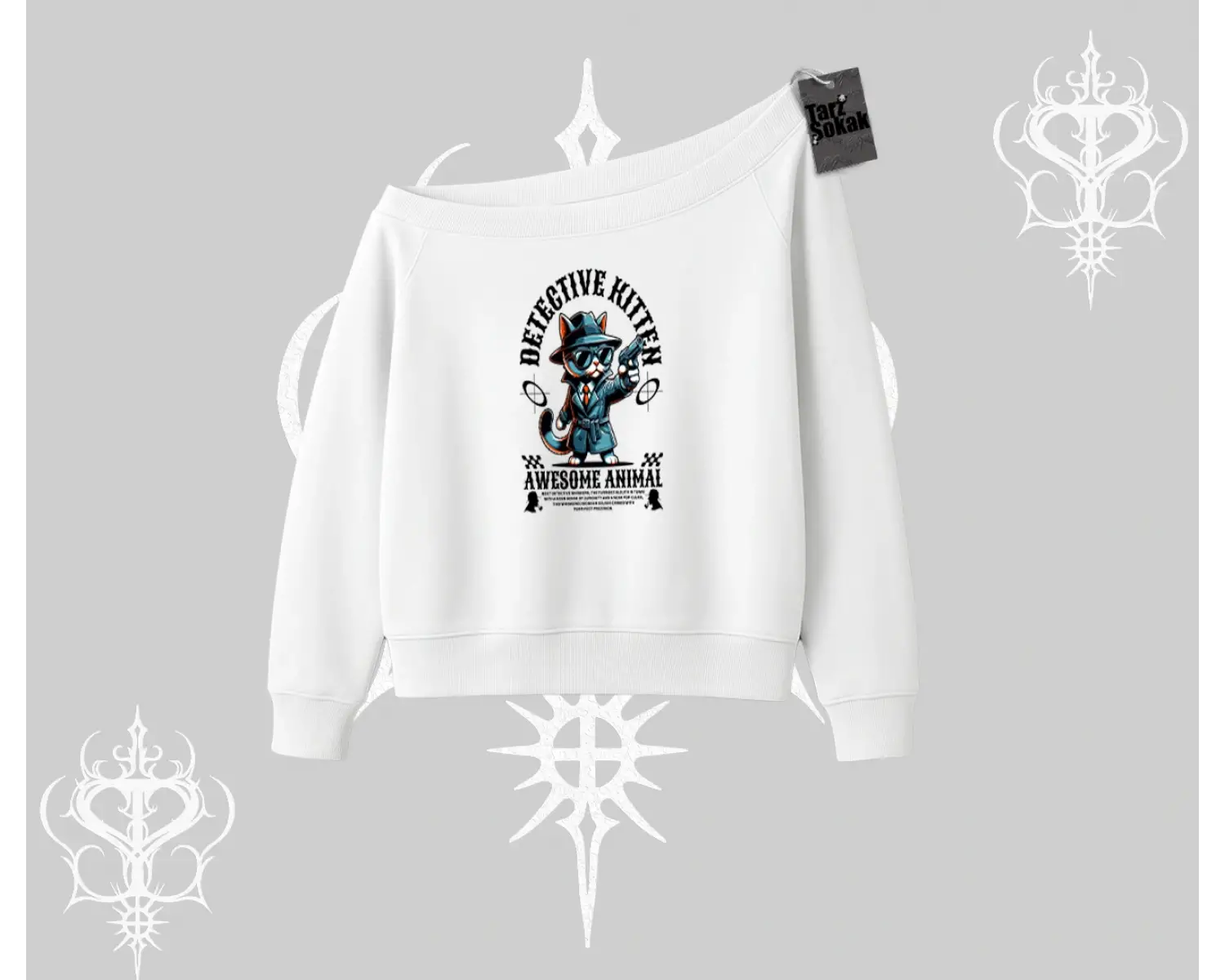 Detective Kitten Kedi Baskılı Kayık Yaka Sweatshirt