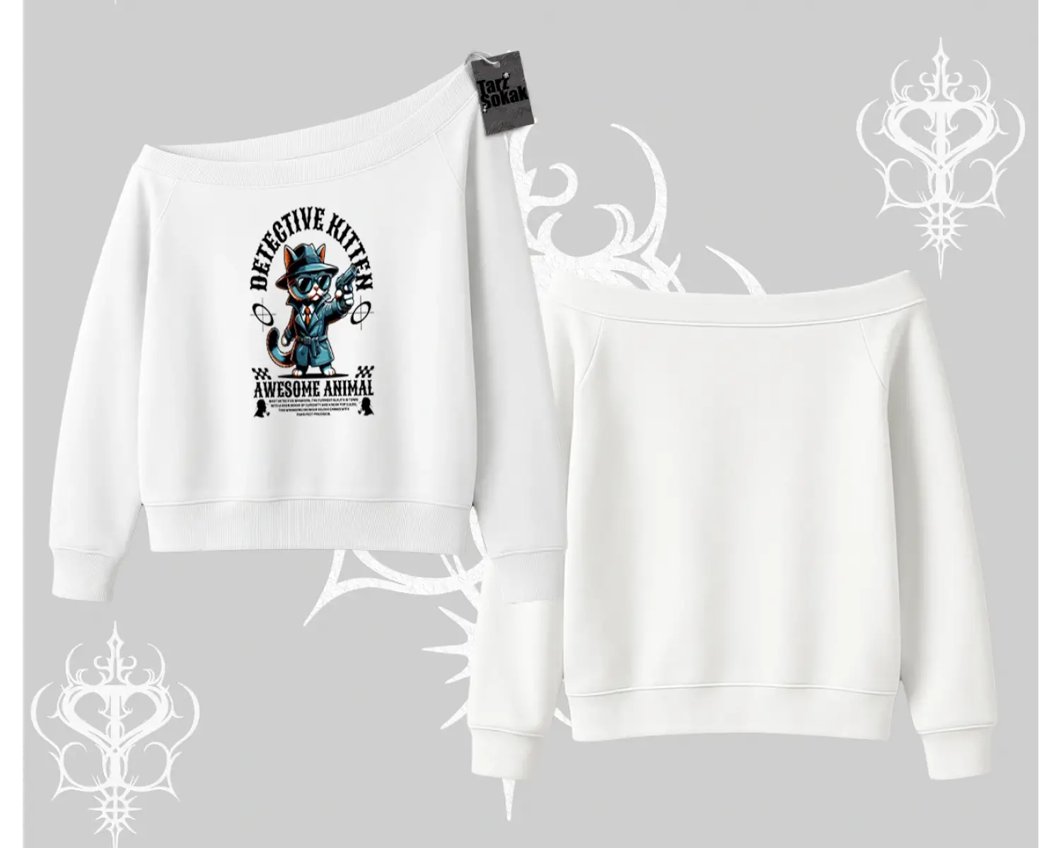 Detective Kitten Kedi Baskılı Kayık Yaka Sweatshirt