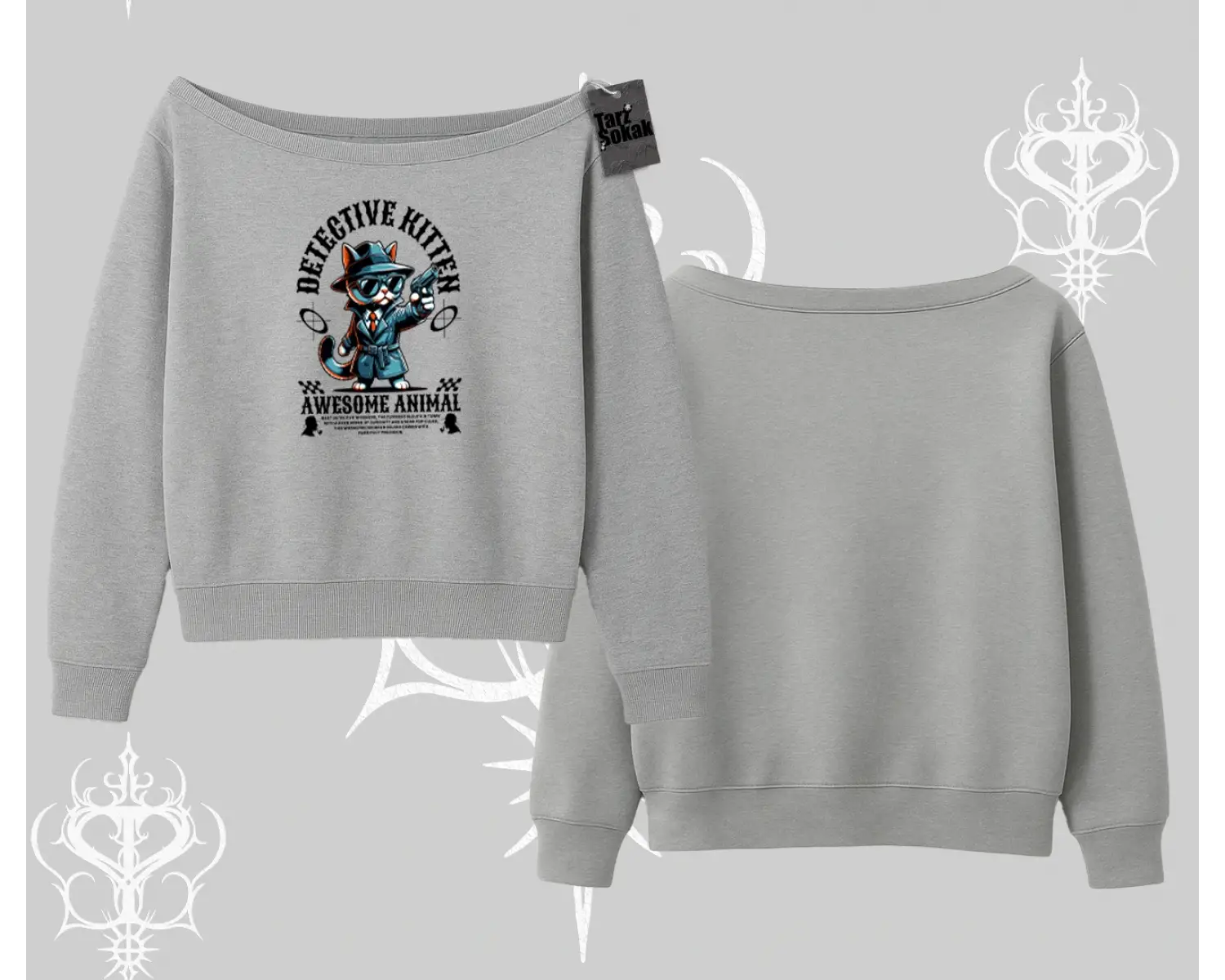 Detective Kitten Kedi Baskılı Kayık Yaka Sweatshirt