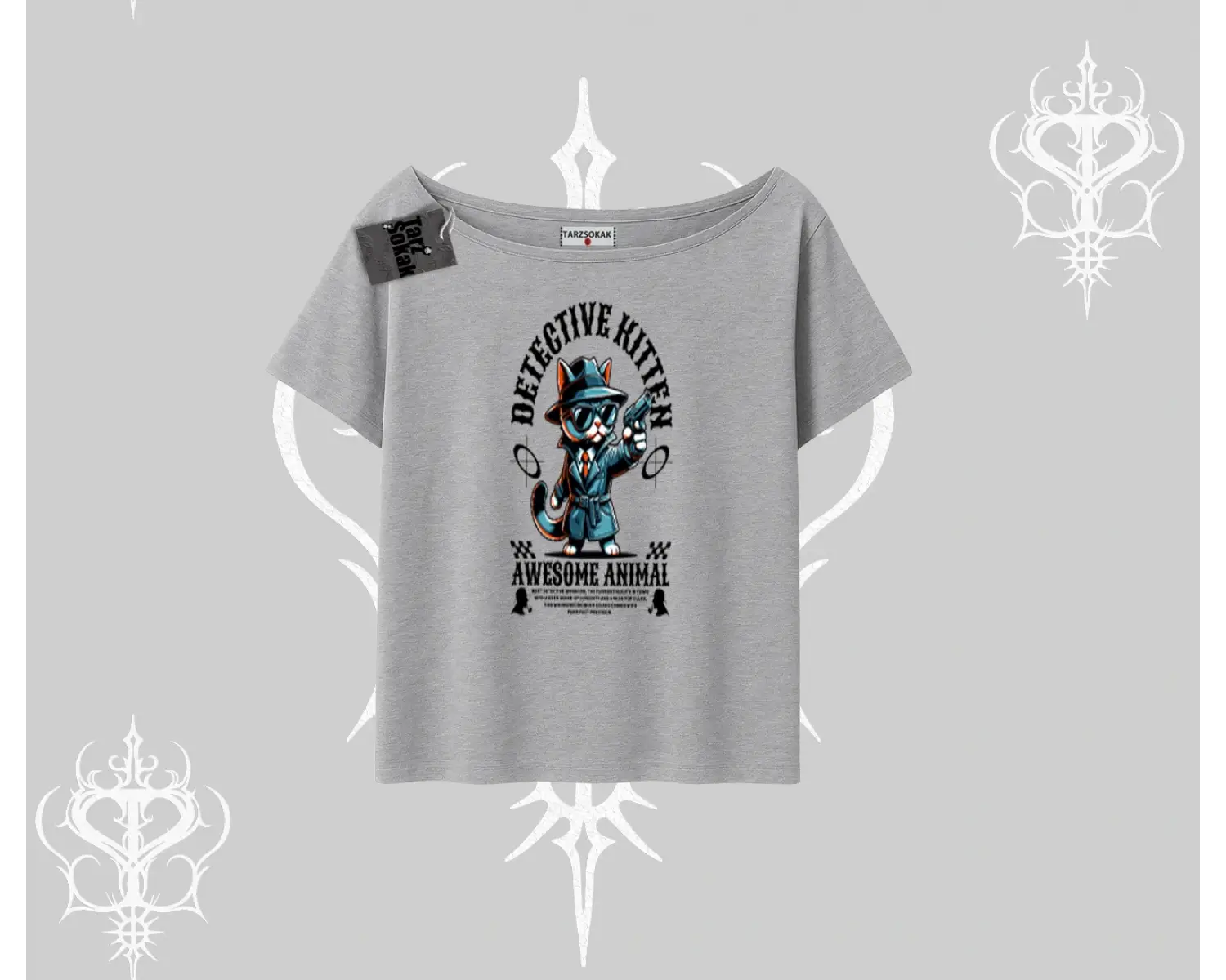 Detective Kitten Kedi Baskılı Kayık Yaka Tshirt