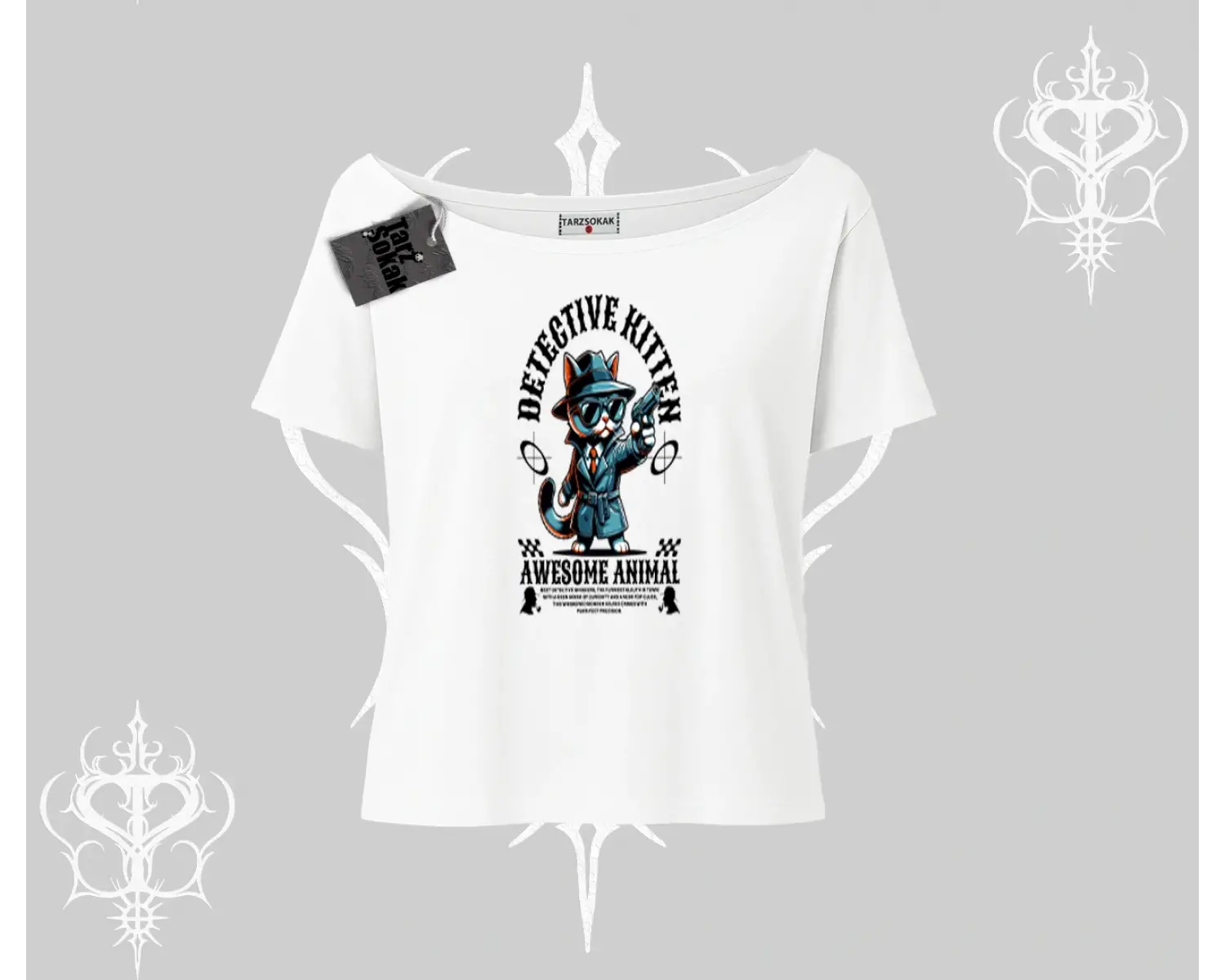 Detective Kitten Kedi Baskılı Kayık Yaka Tshirt