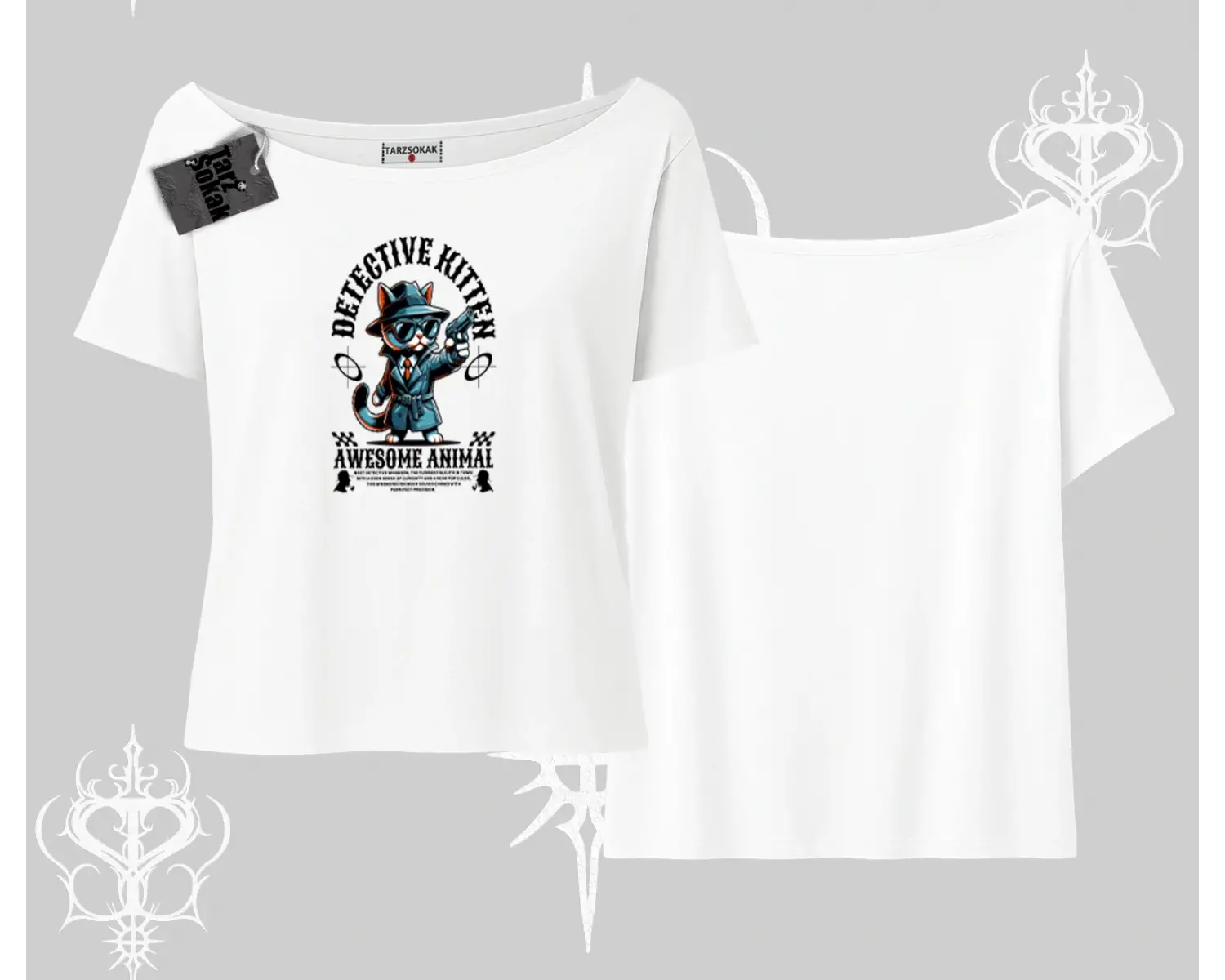 Detective Kitten Kedi Baskılı Kayık Yaka Tshirt