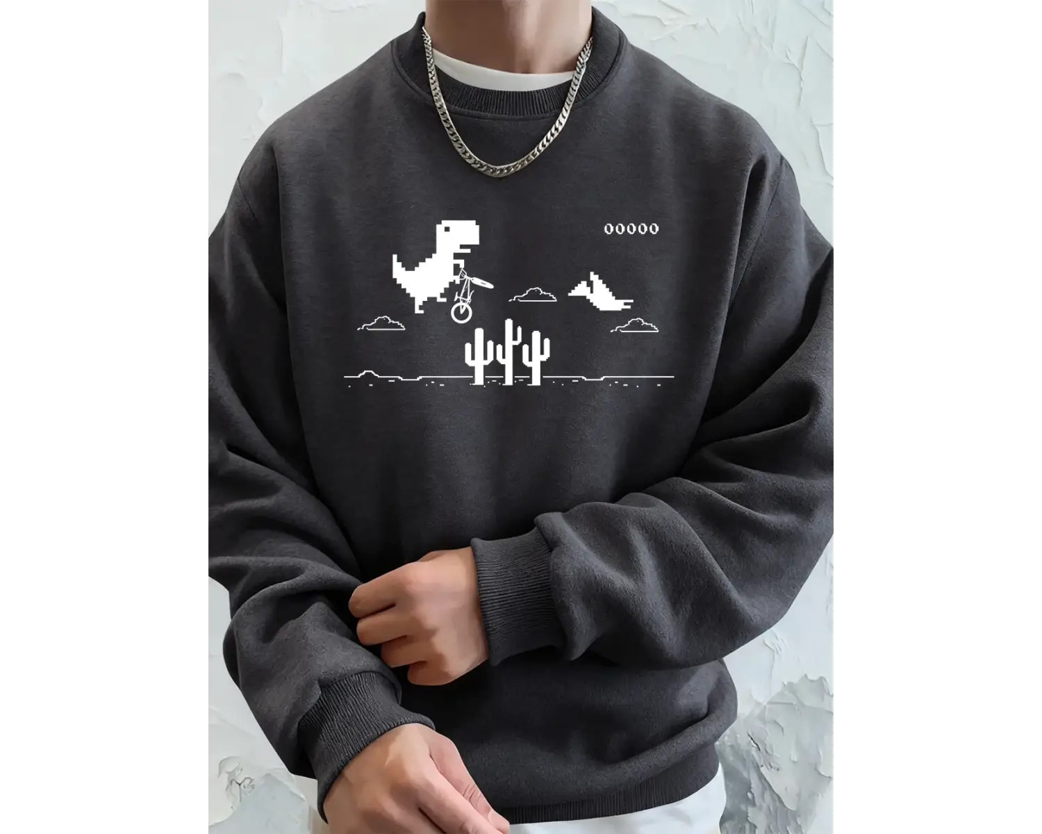 Dinozorlar Kaktüs Üzerinde Baskılı Erkek Kapüşonlu Üstü Sonbahar Bisiklet Yaka Tişörtü Temel