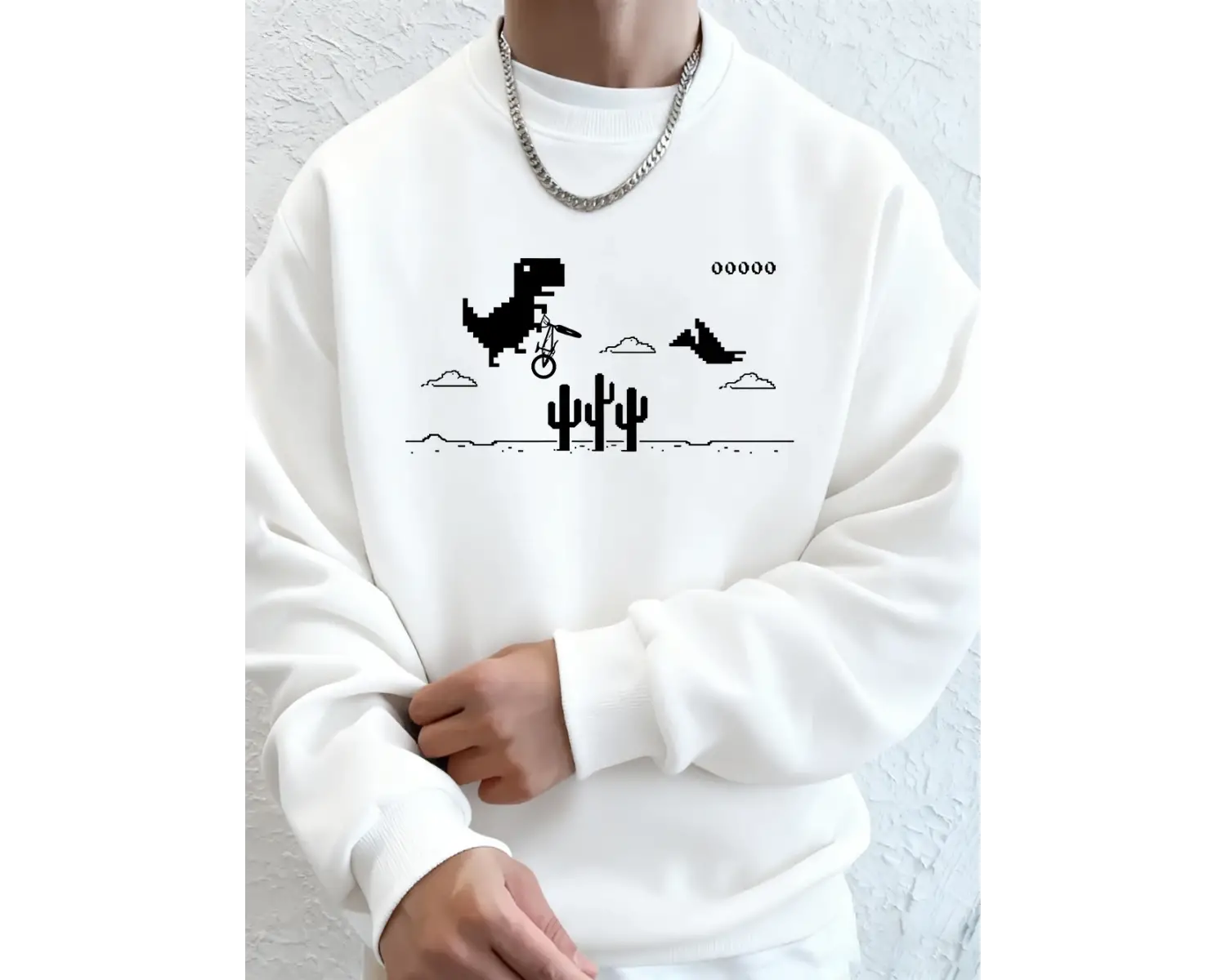 Dinozorlar Kaktüs Üzerinde Baskılı Erkek Kapüşonlu Üstü Sonbahar Bisiklet Yaka Tişörtü Temel