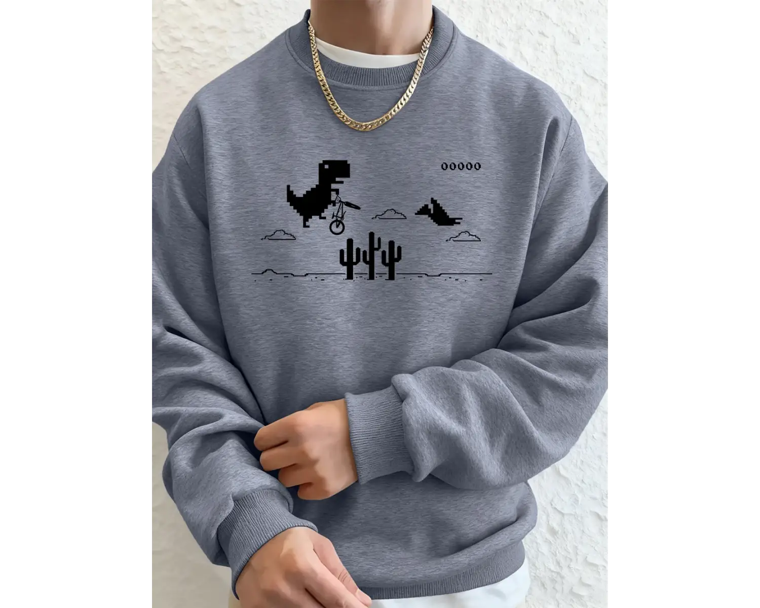 Dinozorlar Kaktüs Üzerinde Baskılı Erkek Kapüşonlu Üstü Sonbahar Bisiklet Yaka Tişörtü Temel