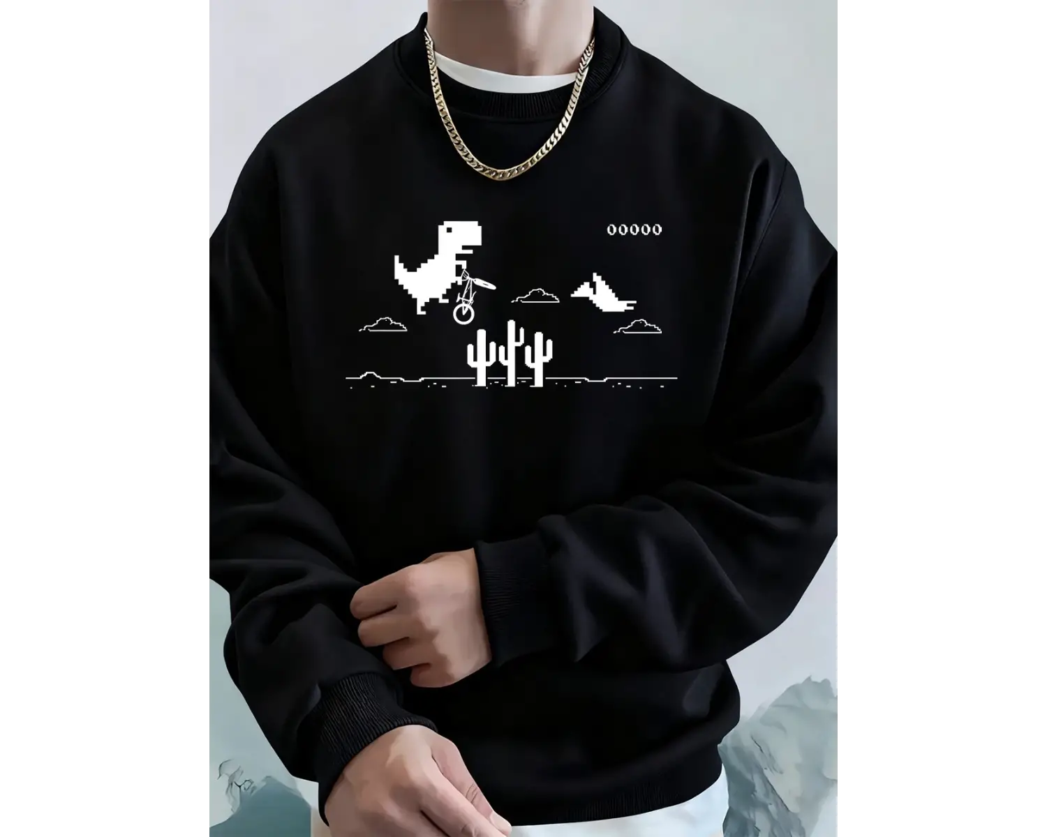 Dinozorlar Kaktüs Üzerinde Baskılı Erkek Kapüşonlu Üstü Sonbahar Bisiklet Yaka Tişörtü Temel