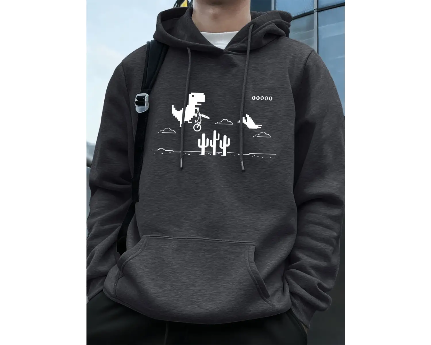 Dinozorlar Kaktüs Üzerinde Baskılı Erkek Kapüşonlu Üstü Sonbahar Cepli Sweatshirt Temel Polar