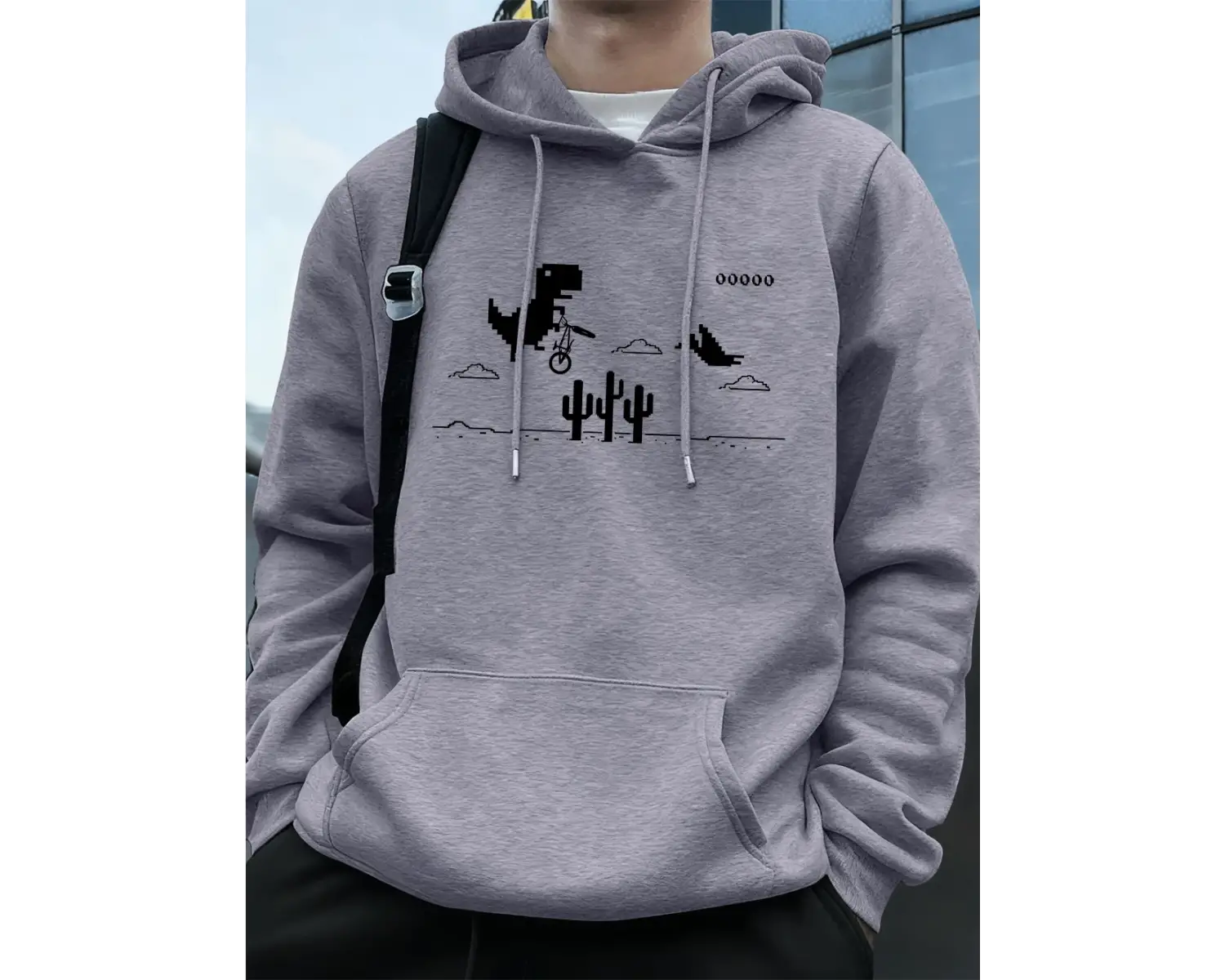 Dinozorlar Kaktüs Üzerinde Baskılı Erkek Kapüşonlu Üstü Sonbahar Cepli Sweatshirt Temel Polar