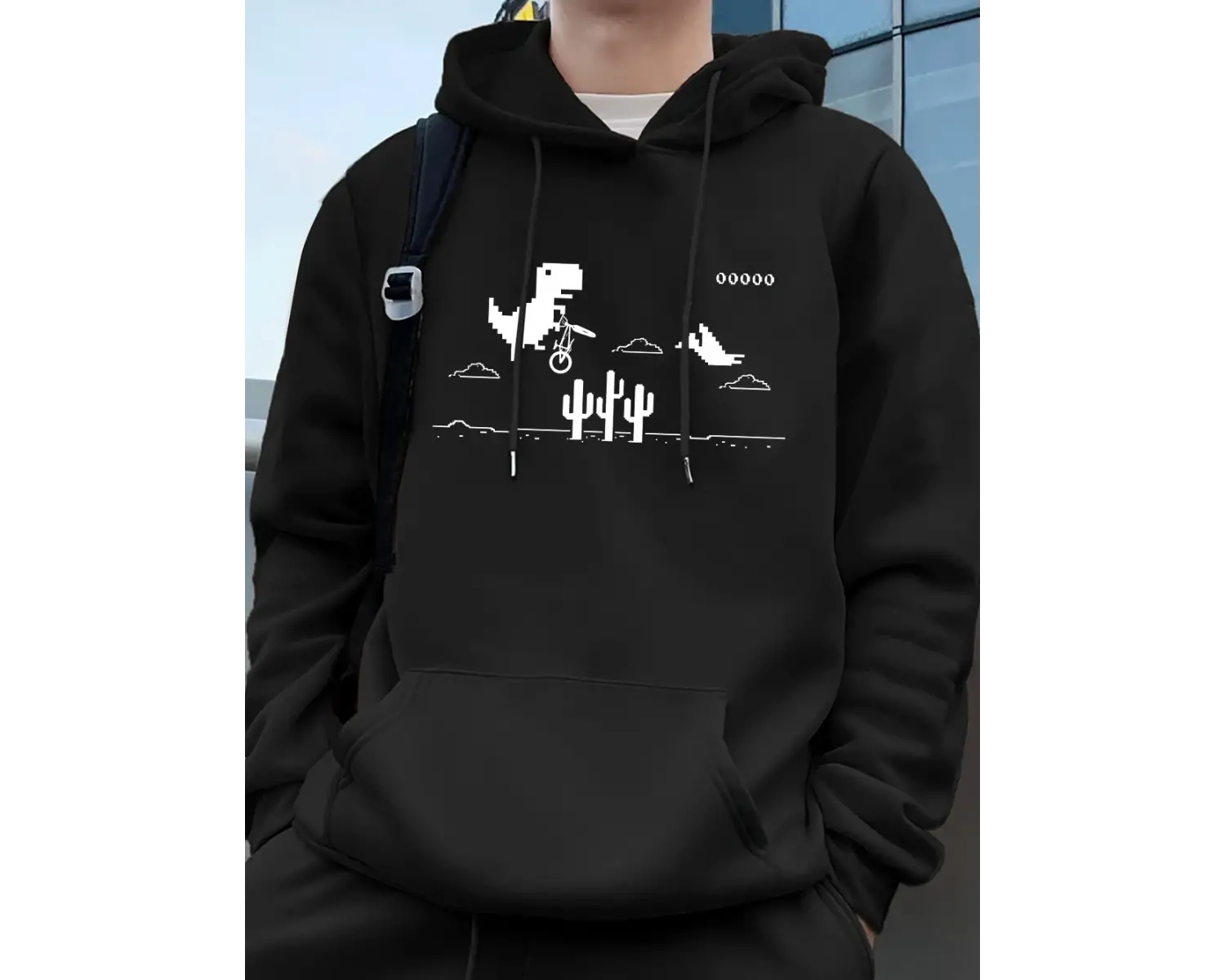 Dinozorlar Kaktüs Üzerinde Baskılı Erkek Kapüşonlu Üstü Sonbahar Cepli Sweatshirt Temel Polar