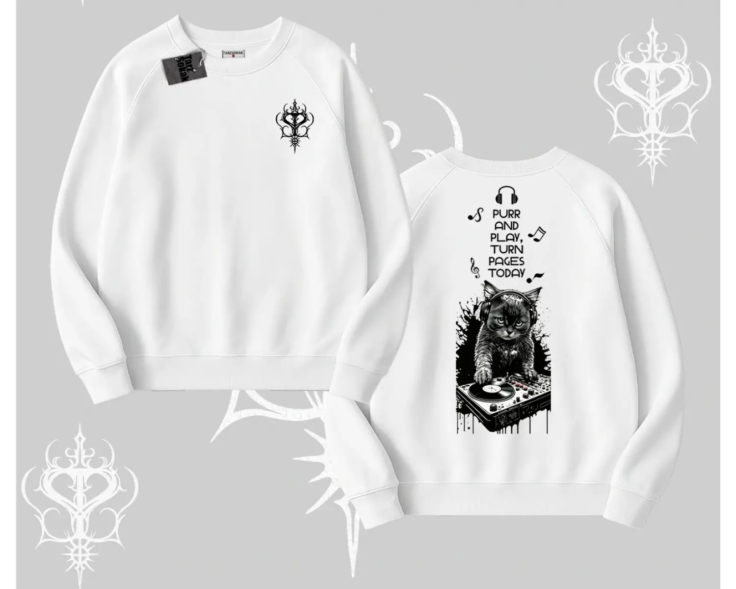 DJ Kedi Baskılı Müzik Temalı Biskilet Sweatshirt