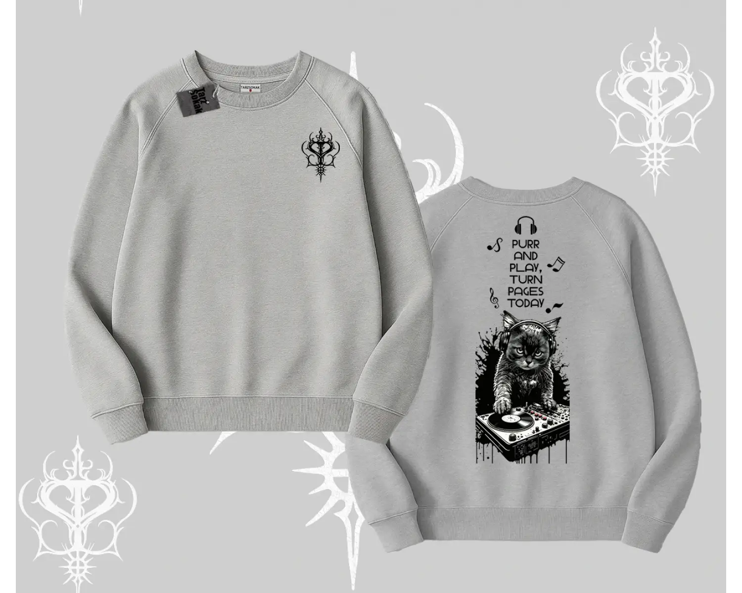 DJ Kedi Baskılı Müzik Temalı Biskilet Sweatshirt