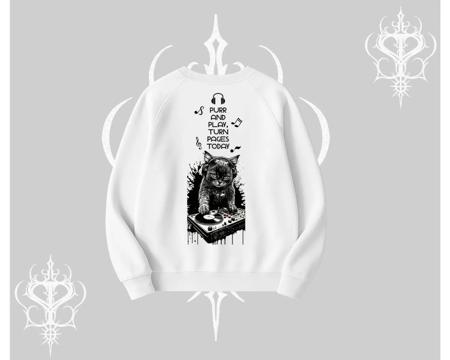 DJ Kedi Baskılı Müzik Temalı Biskilet Sweatshirt