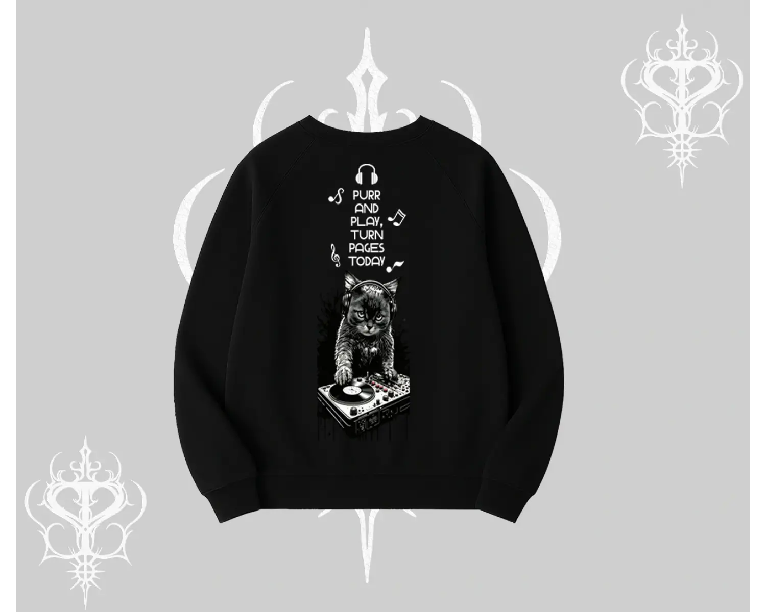 DJ Kedi Baskılı Müzik Temalı Biskilet Sweatshirt