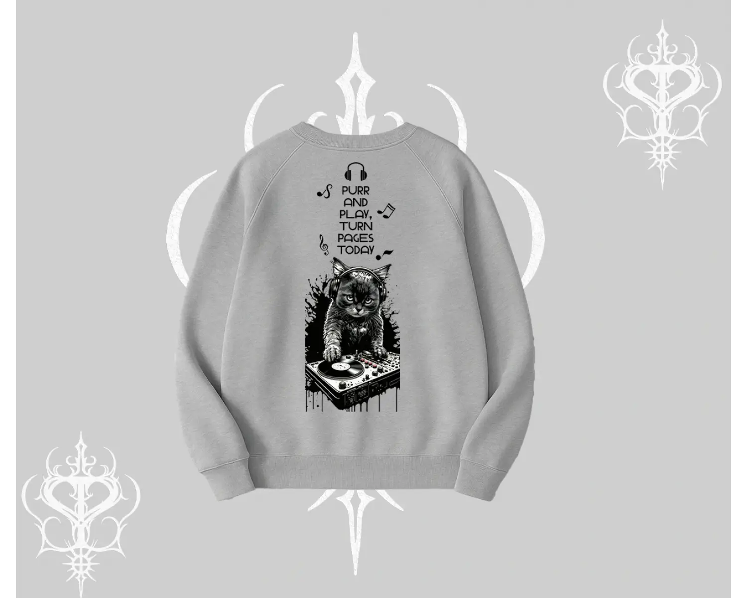 DJ Kedi Baskılı Müzik Temalı Biskilet Sweatshirt