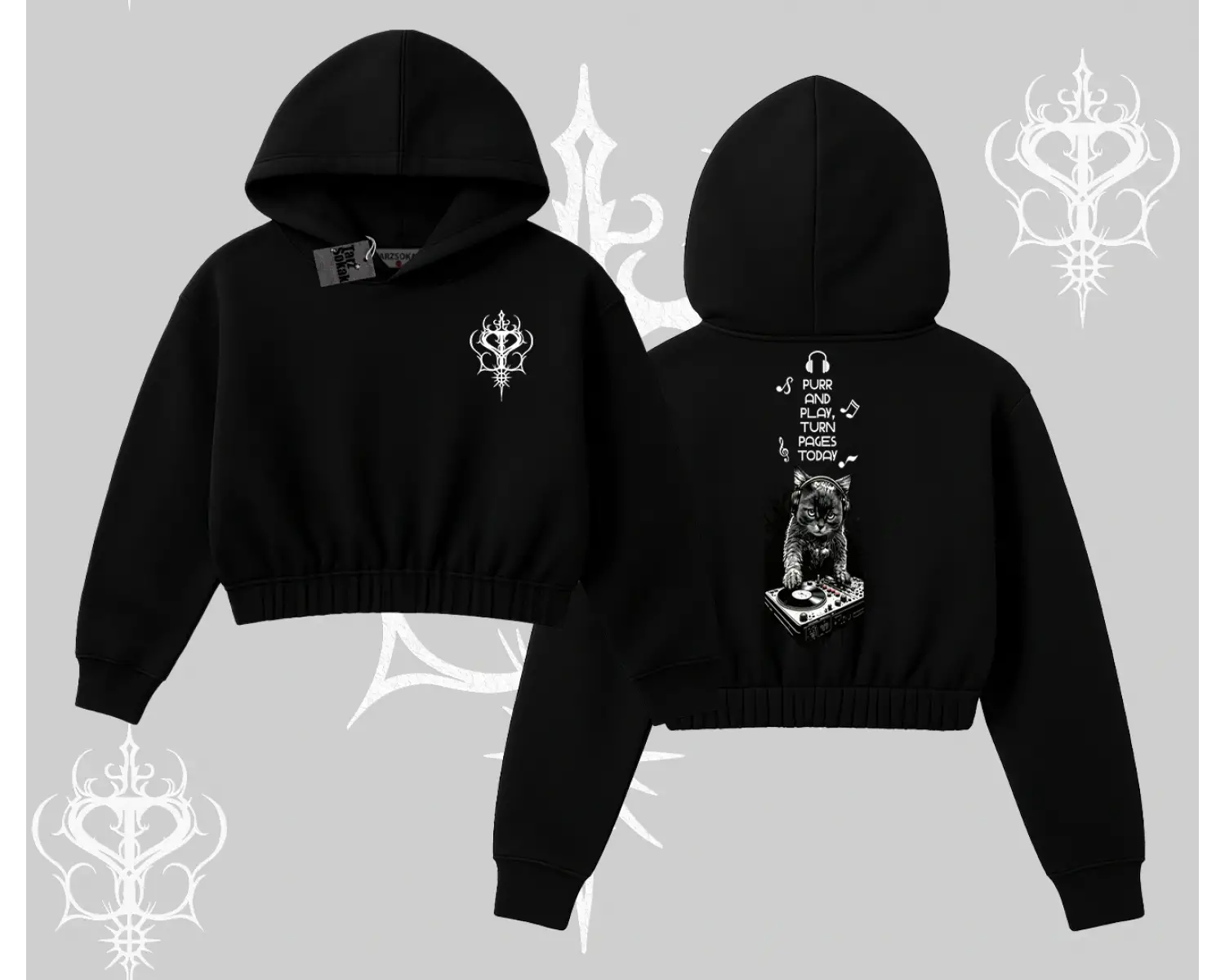 DJ Kedi Baskılı Müzik Temalı Kapşonlu Crop Sweatshirt