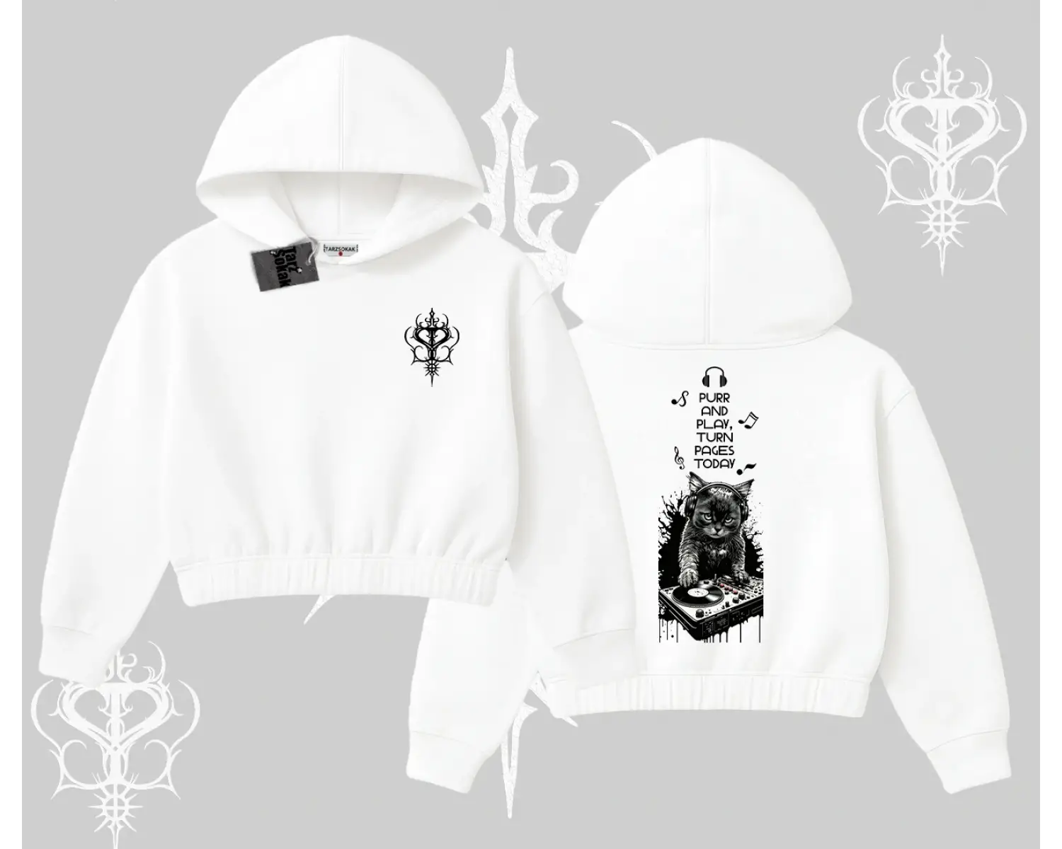 DJ Kedi Baskılı Müzik Temalı Kapşonlu Crop Sweatshirt