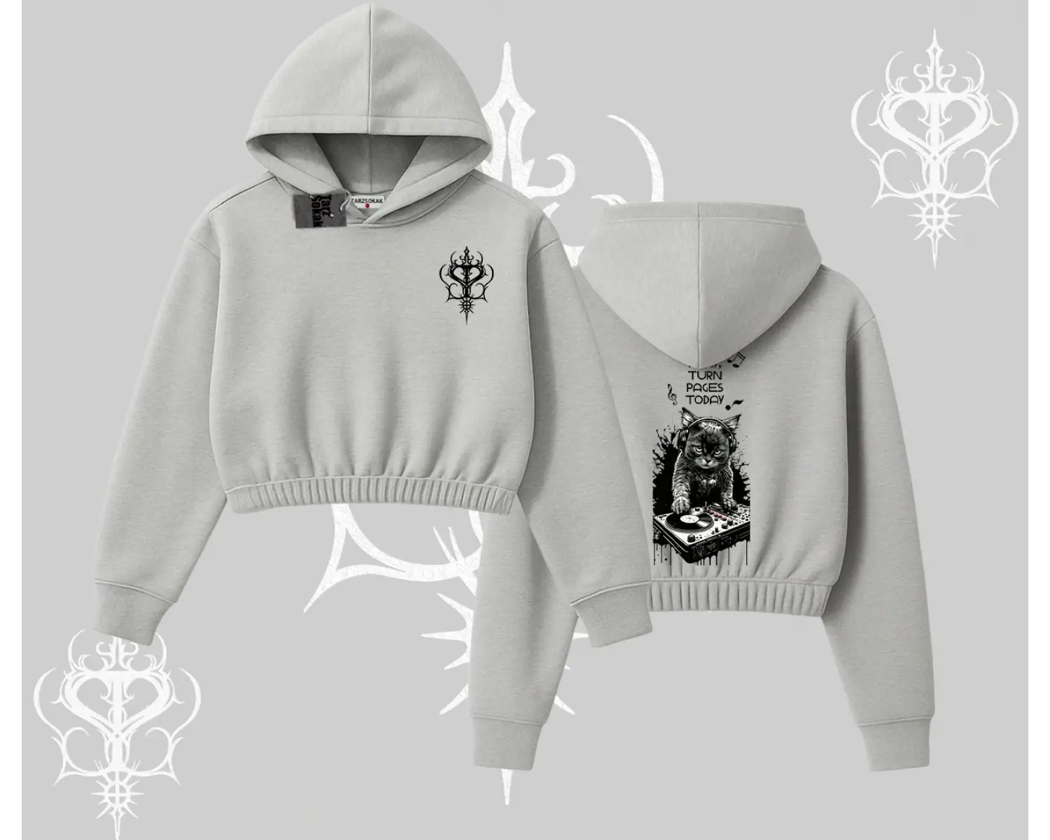 DJ Kedi Baskılı Müzik Temalı Kapşonlu Crop Sweatshirt