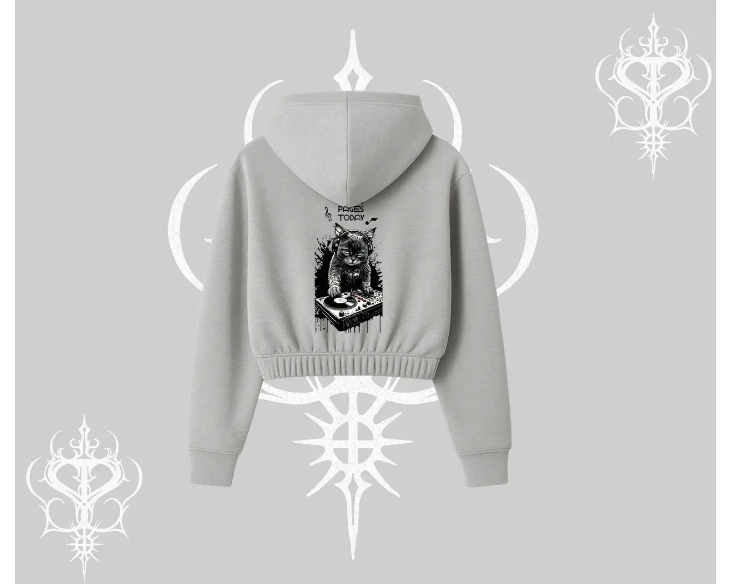 DJ Kedi Baskılı Müzik Temalı Kapşonlu Crop Sweatshirt